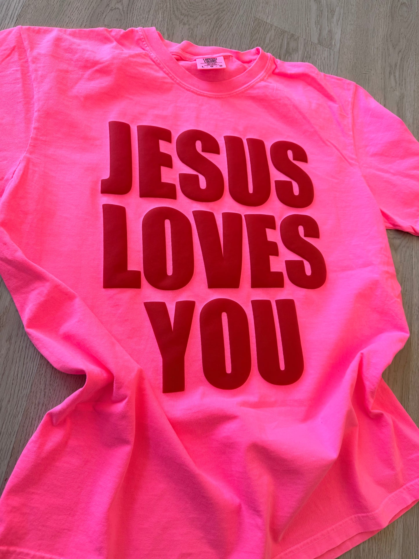 Neon Pink Jesus Loves You Tee